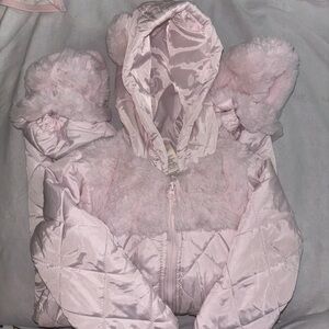 Pink Quilted Baby Hooded Puffer Jacket with Faux Fur Trim